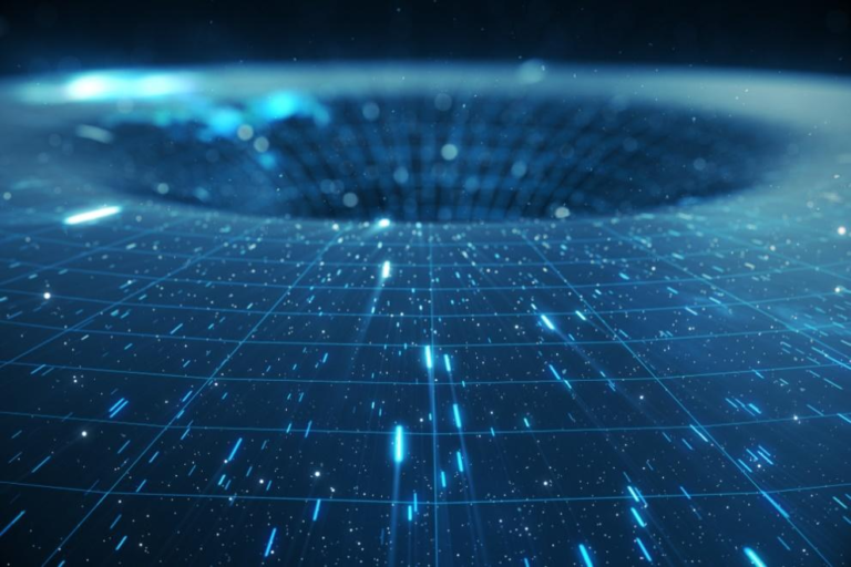 Stunning visualization of a black hole with cosmic blue energy and shimmering light effects.