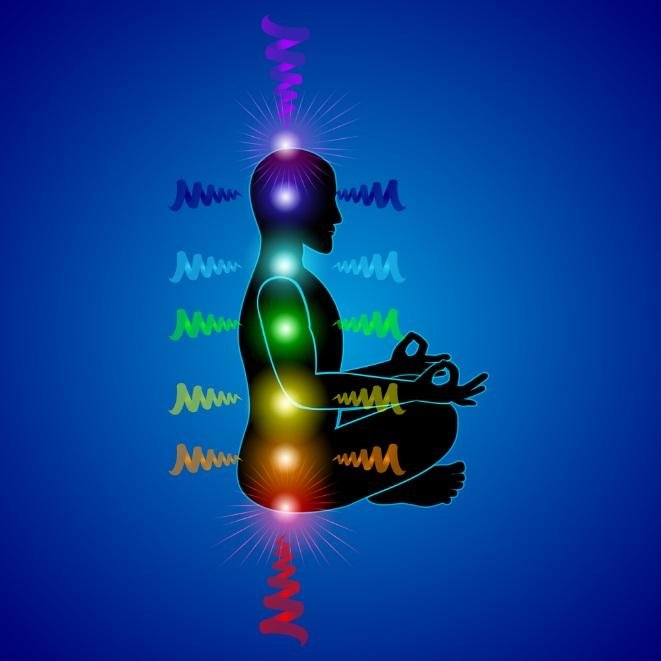 Meditating figure surrounded by colorful chakras and energy waves on a blue background.