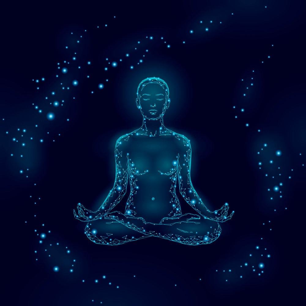 Meditative figure surrounded by energy, emphasizing yogas impact on digestion.