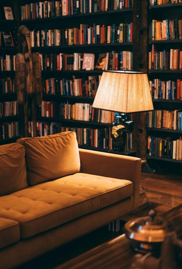 Cozy living room with a stylish sofa and bookshelf featuring warm lighting.