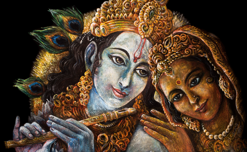 Krishna and Radha in vibrant colors, showcasing divine love and artistry.