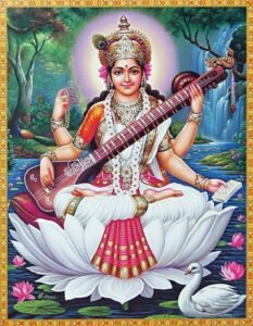 Goddess Saraswati with sitar on a lotus, surrounded by nature and water.