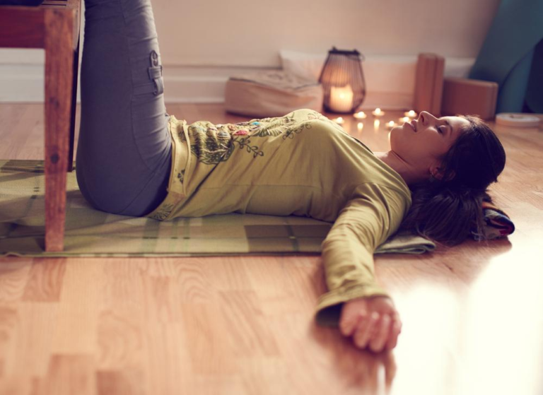 Relaxation yoga pose for home practice, promoting mindfulness and stress relief.