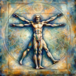 Artistic reinterpretation of Da Vincis Vitruvian Man with vibrant colors and dynamic lines.
