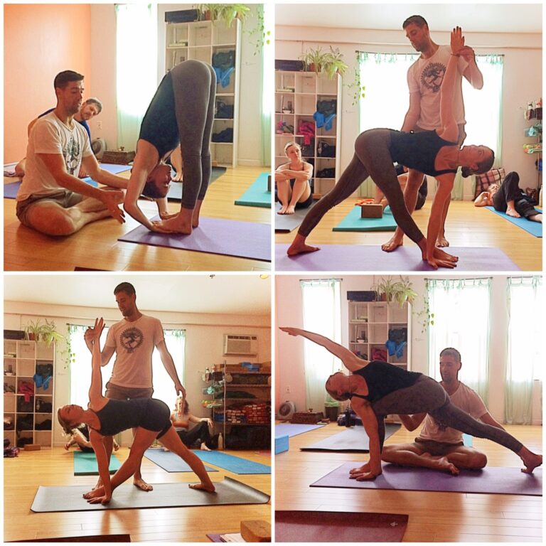 Yoga instructor assisting students with various poses in a bright studio.